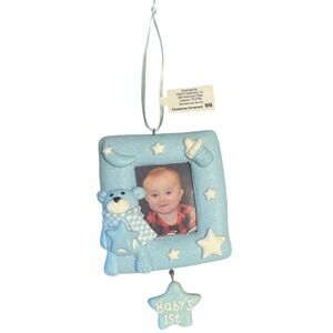 Baby's First Christmas Blue Teddy Bear Photo Frame Ornament Stars Moon